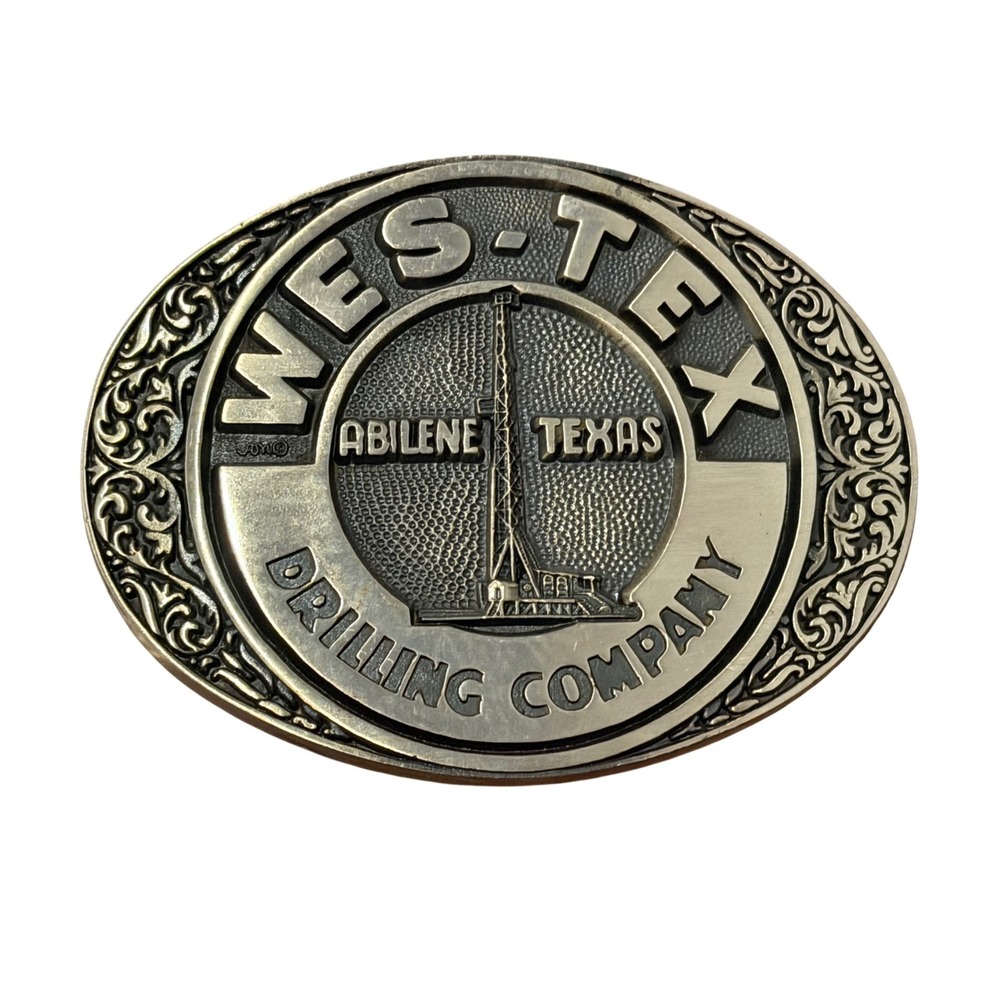 Vintage Wes-Tex Drilling Belt Buckle Solid Brass Oilfield Rig Winsett Arms Texas